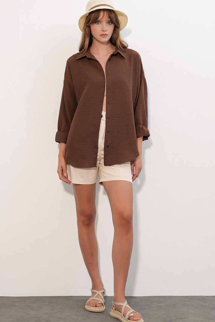 Bigdart Chemise oversize pour femme en lin 20338 - Marron