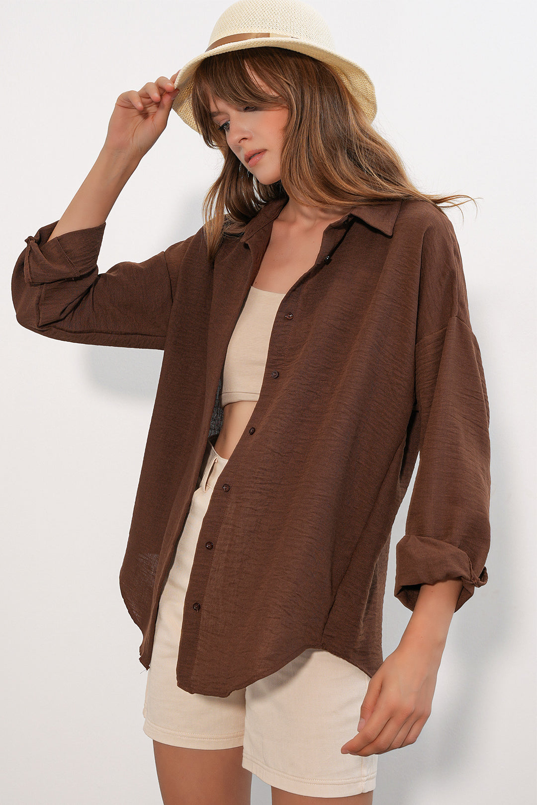 Bigdart Chemise oversize pour femme en lin 20338 - Marron