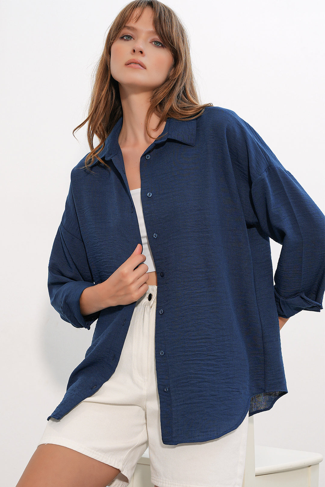 Bigdart Chemise oversize en lin pour femme 20338 - Bleu marine