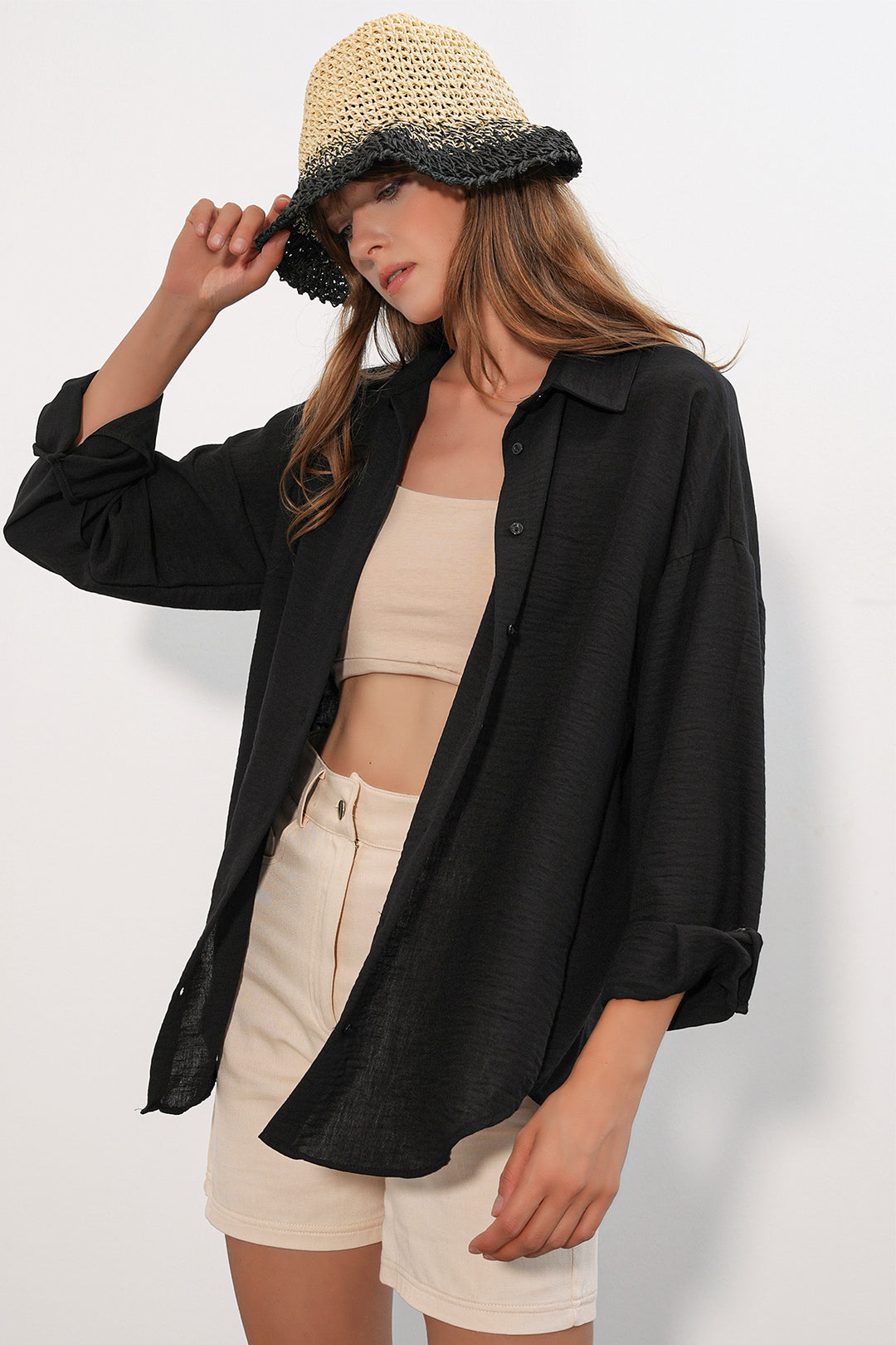 Bigdart Chemise oversize pour femme en lin 20338 - Noir