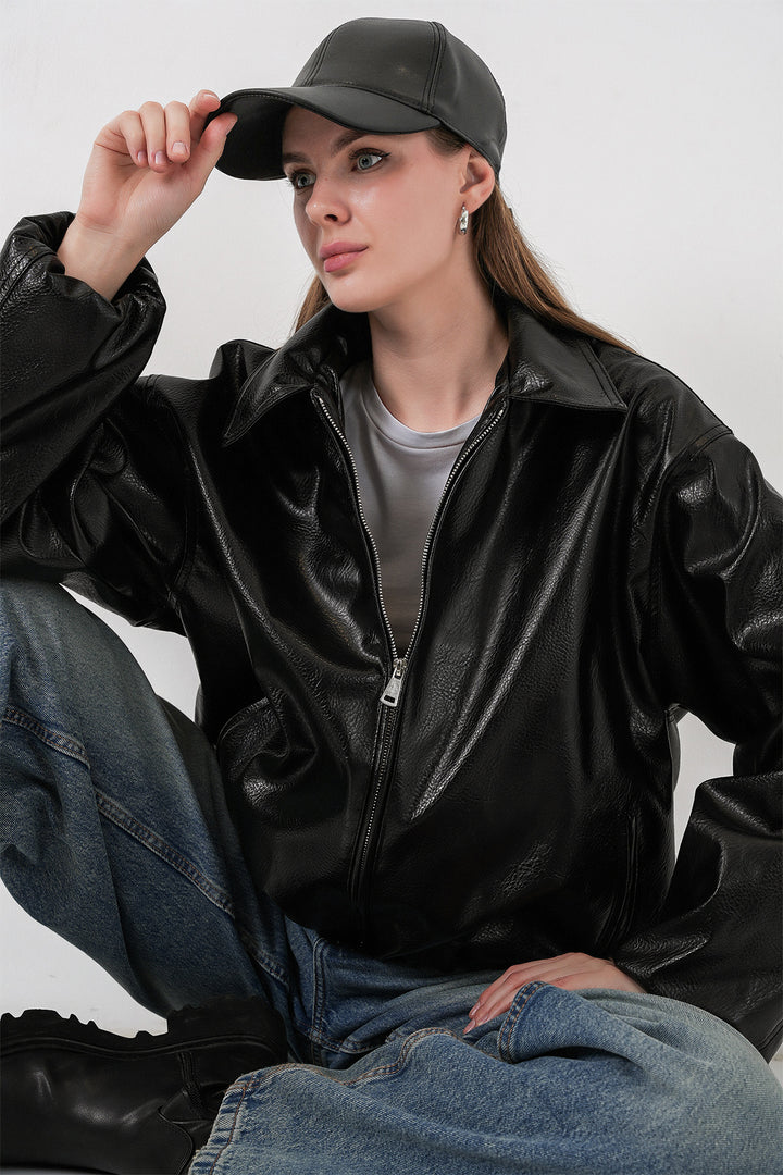 Bigdart Veste en simili cuir oversize pour femme 1049 - Noir