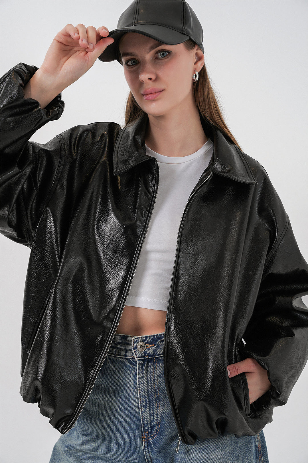 Bigdart Veste en simili cuir oversize pour femme 1049 - Noir