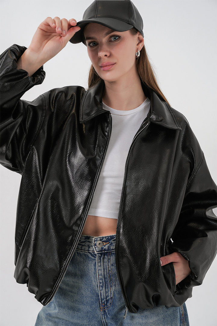 Bigdart Veste en simili cuir oversize pour femme 1049 - Noir