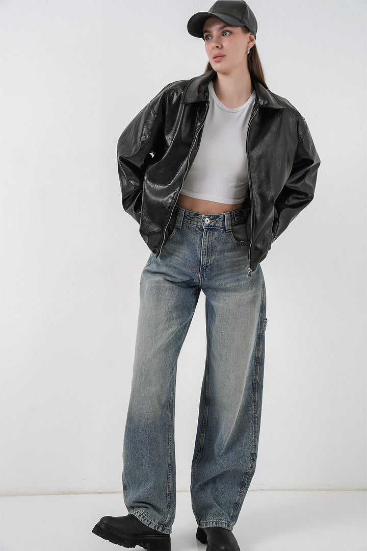 Bigdart Veste en simili cuir oversize pour femme 1049 - Noir