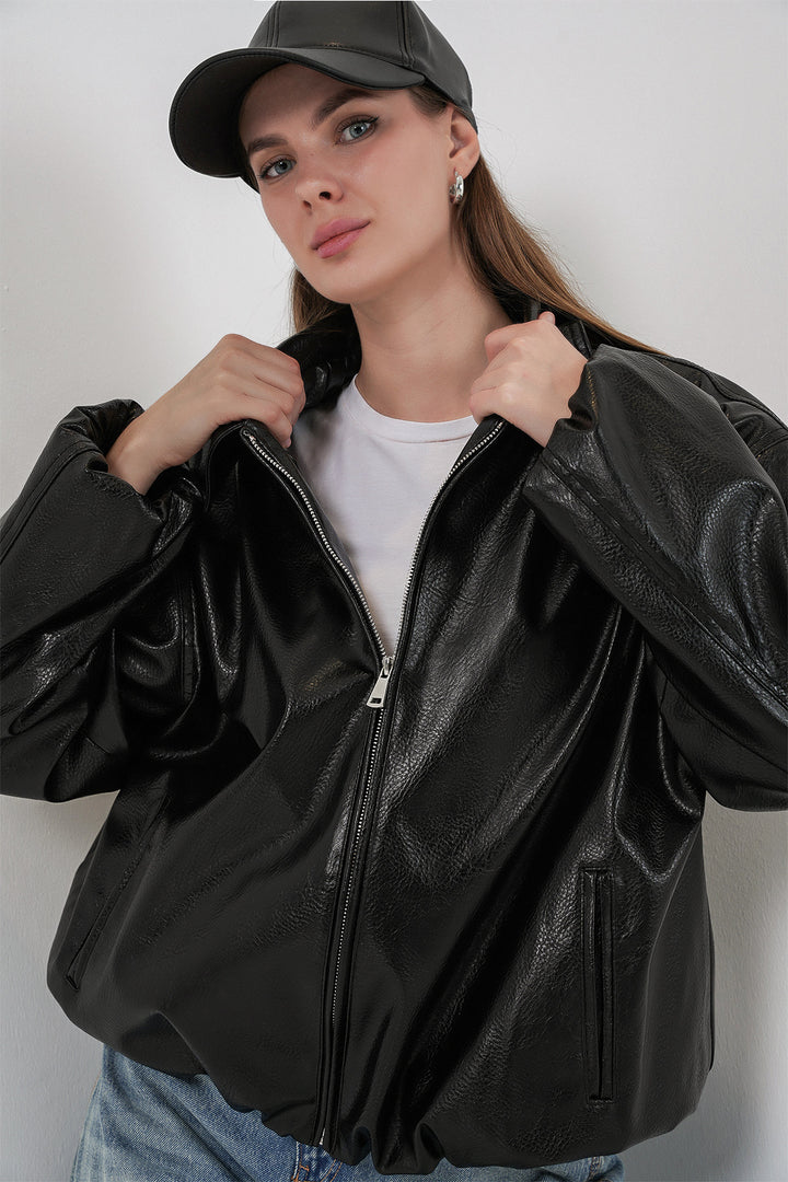 Bigdart Veste en simili cuir oversize pour femme 1049 - Noir