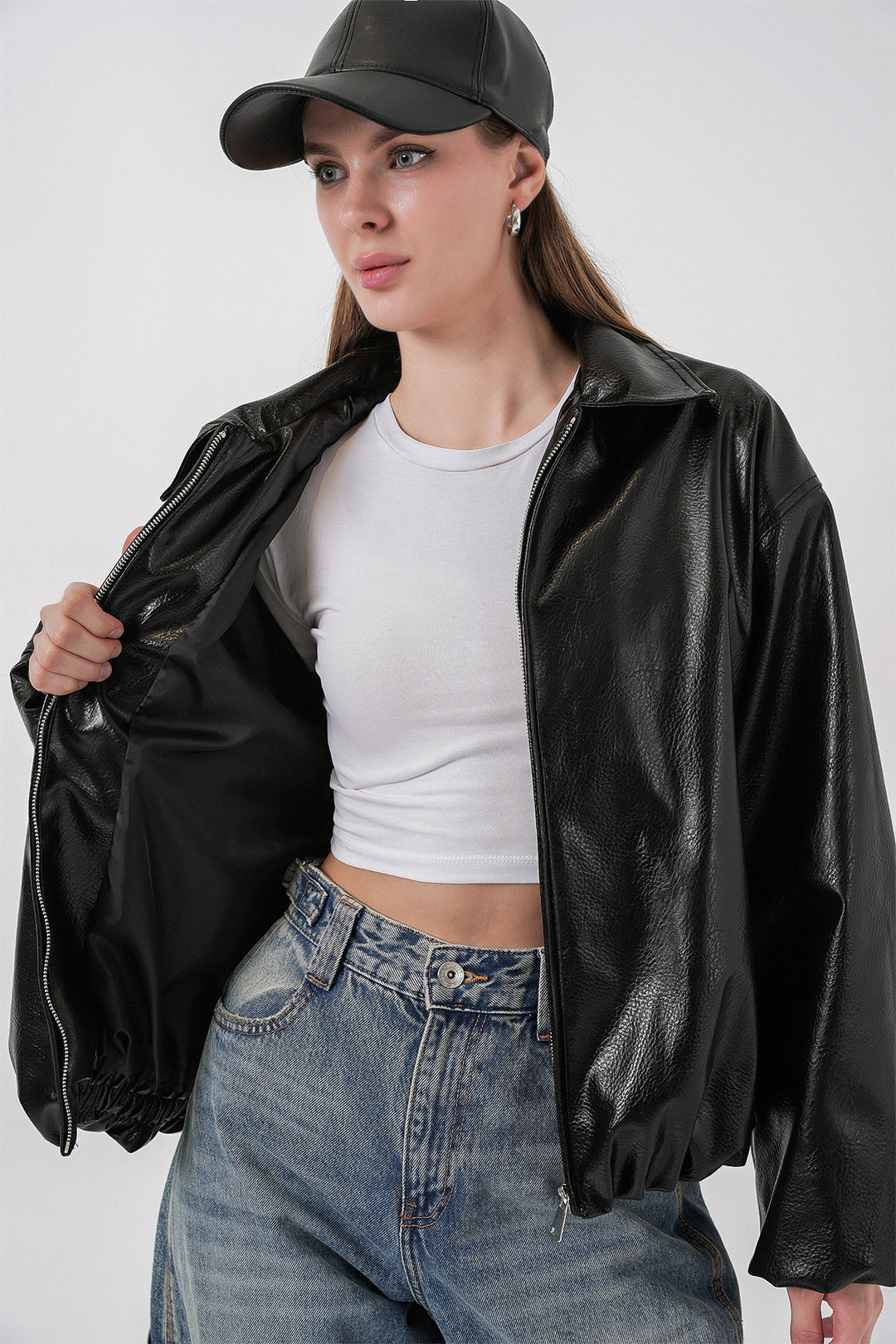 Bigdart Veste en simili cuir oversize pour femme 1049 - Noir