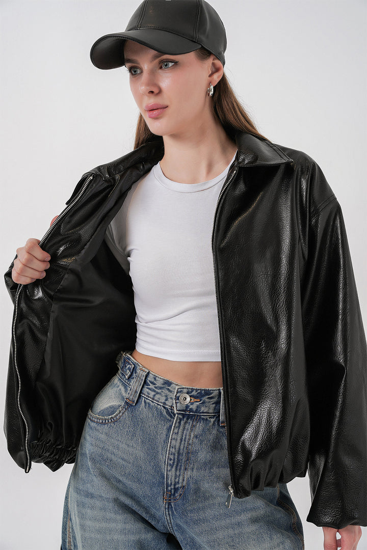 Bigdart Veste en simili cuir oversize pour femme 1049 - Noir