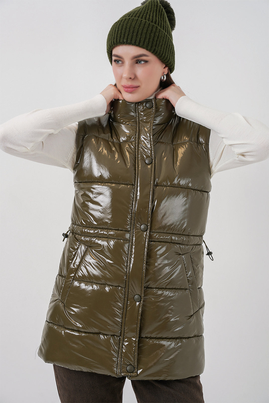 Bigdart Gilet matelassé brillant pour femme 5218 - Kaki