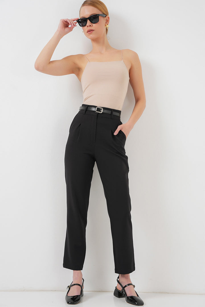 Bigdart Pantalon en tissu plissé avec ceinture femme 6725 - Noir