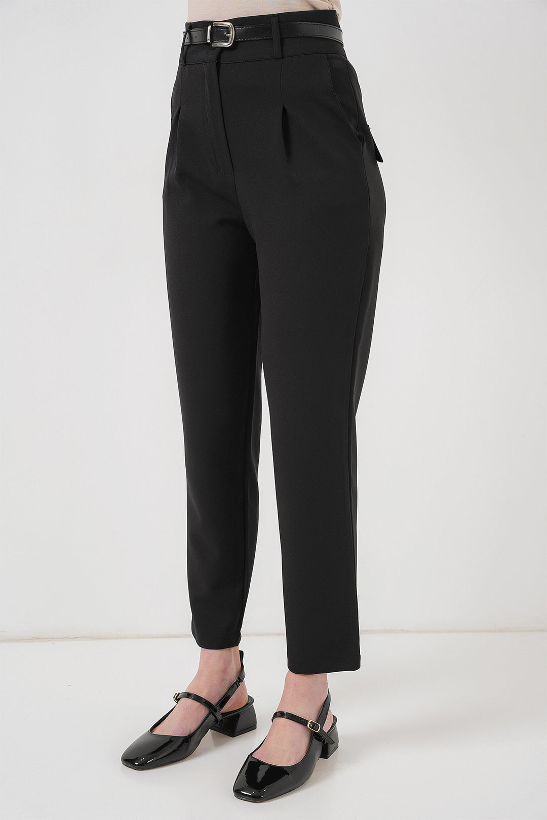 Bigdart Pantalon en tissu plissé avec ceinture femme 6725 - Noir
