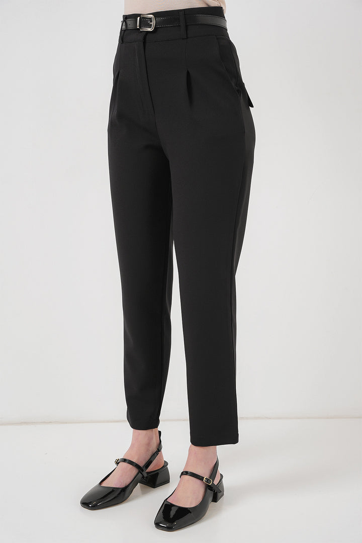 Bigdart Pantalon en tissu plissé avec ceinture femme 6725 - Noir