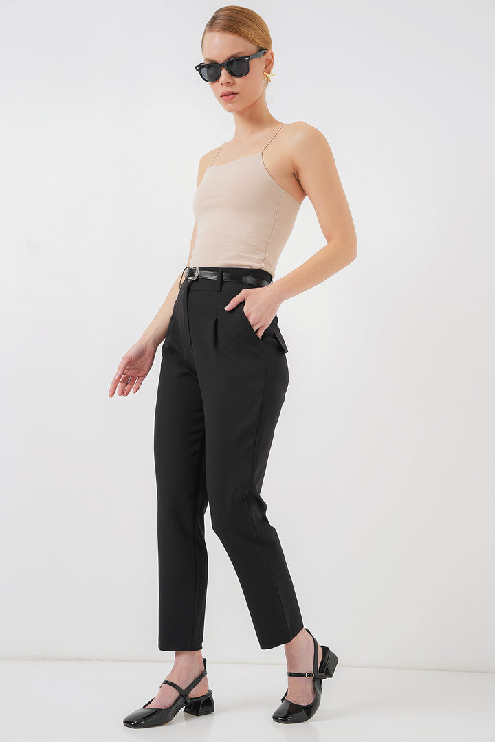 Bigdart Pantalon en tissu plissé avec ceinture femme 6725 - Noir