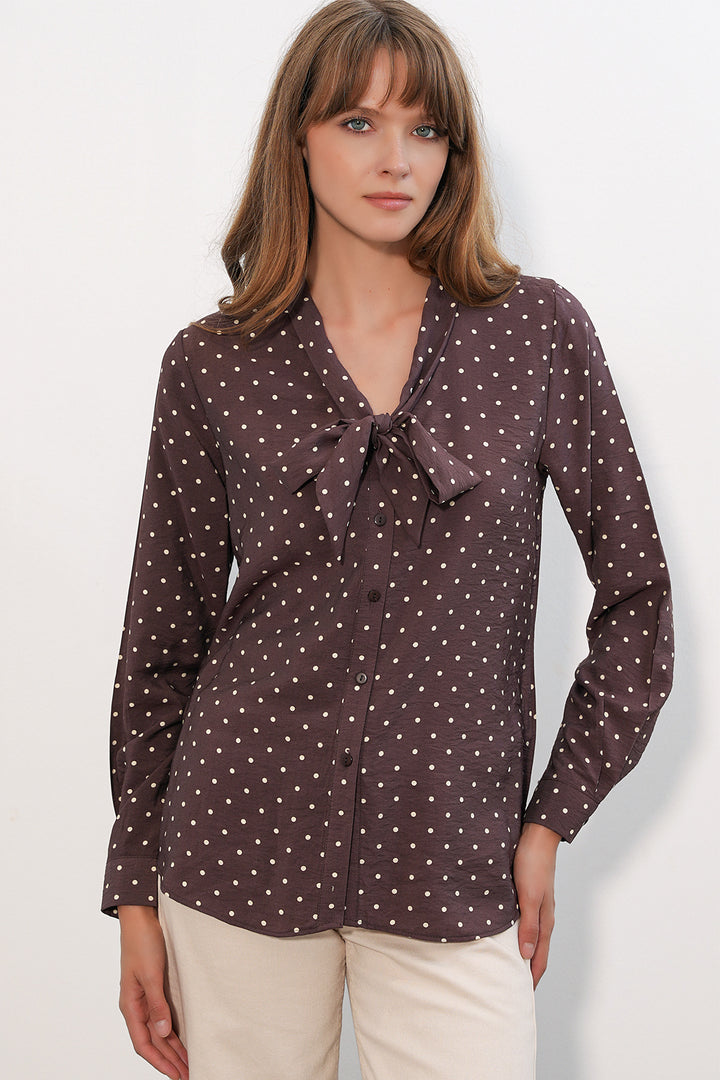 Bigdart Blouse à Pois avec Col Foulard 40007 - Marron