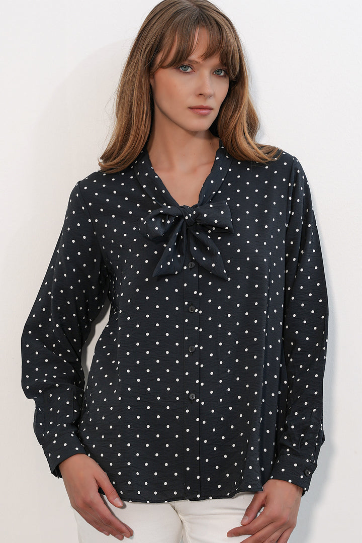 Bigdart Blouse à col en foulard à pois pour femme 40007 - Noir