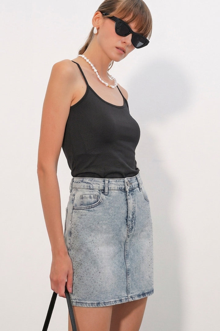 Bigdart Jupe en jean mini à pois pour femme 8086 - Bleu