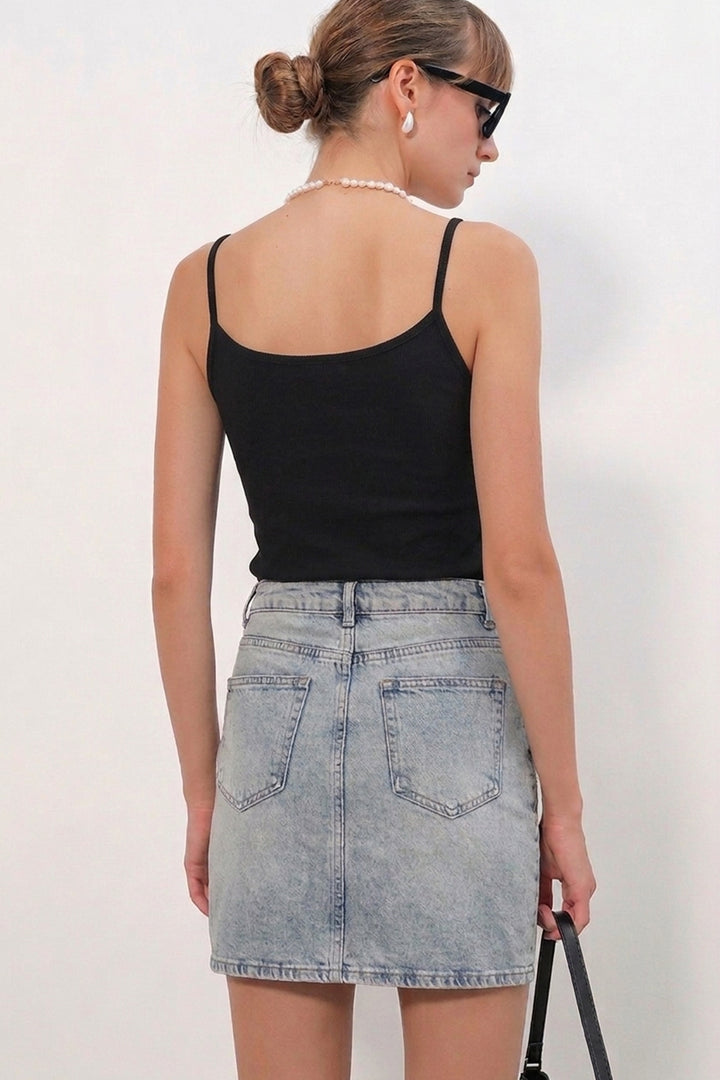 Bigdart Jupe en jean mini à pois pour femme 8086 - Bleu