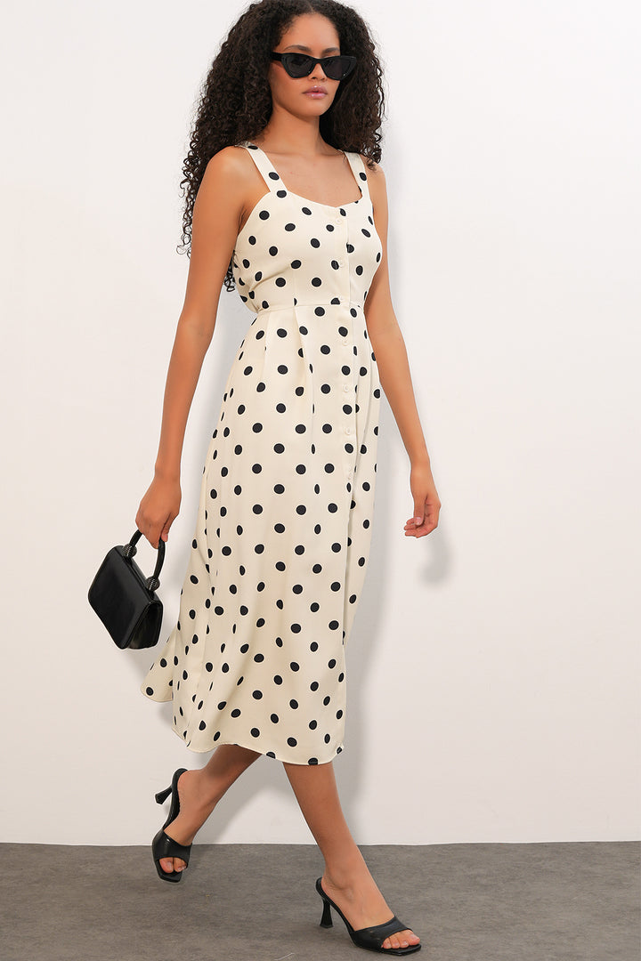 Bigdart Robe Midi à Pois avec Boutons sur le Devant 2603 - Écru