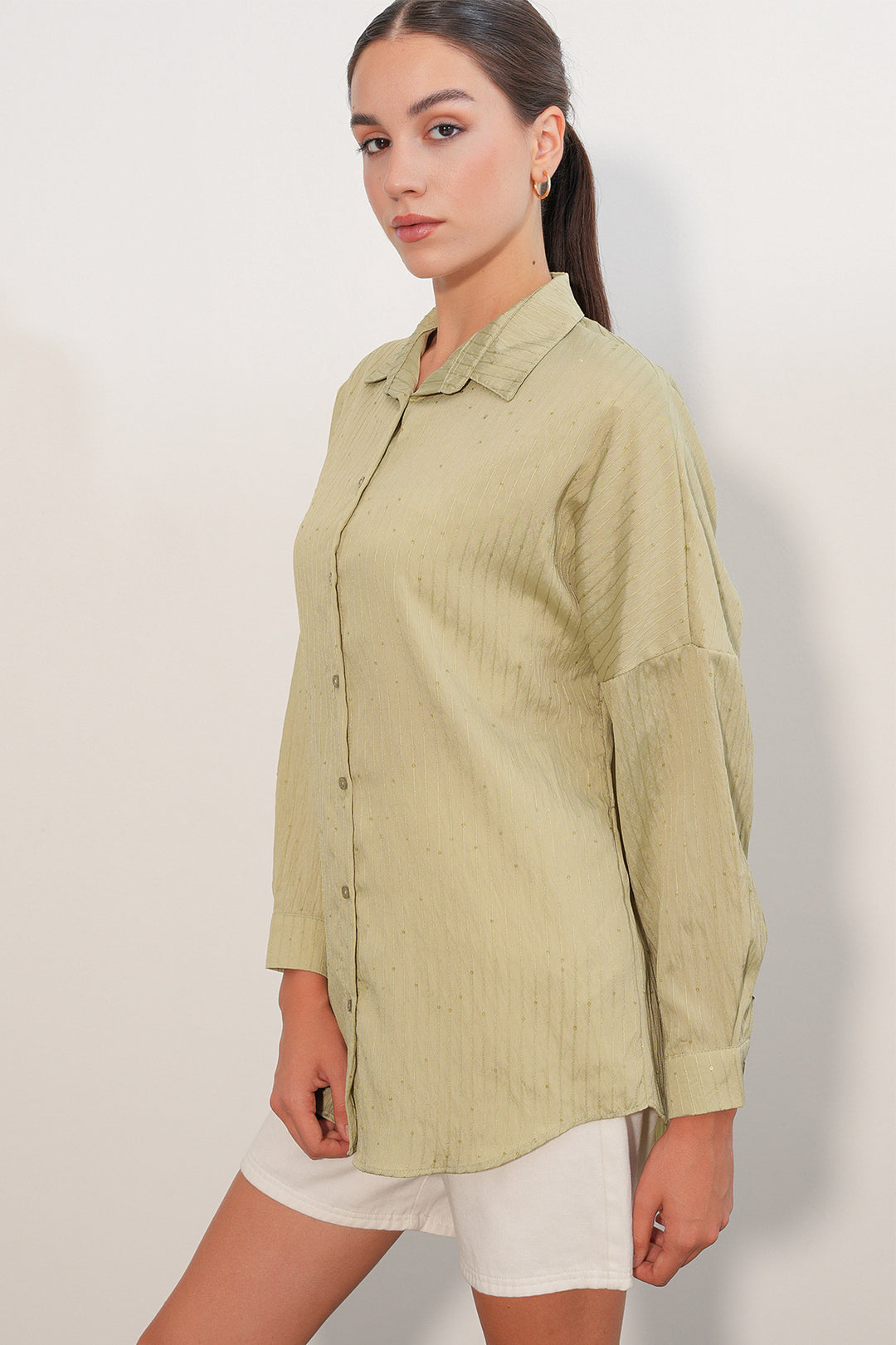 Bigdart Chemise oversize rayée à détails en sequins 20411 - Vert amande