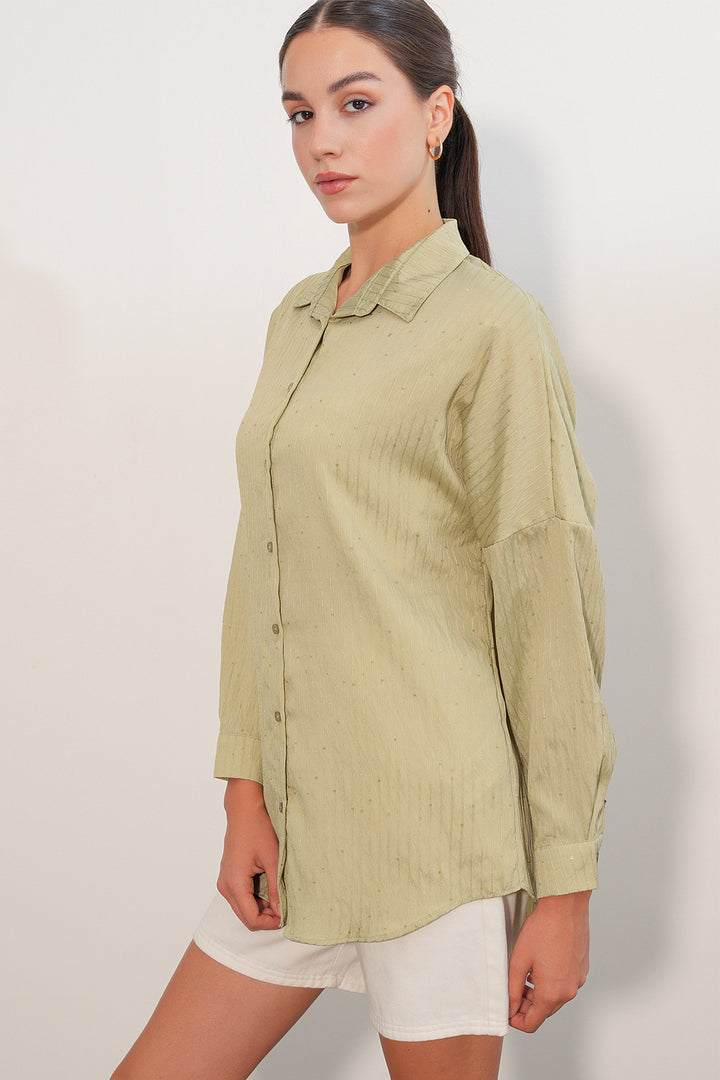 Bigdart Chemise oversize rayée à détails en sequins 20411 - Vert amande