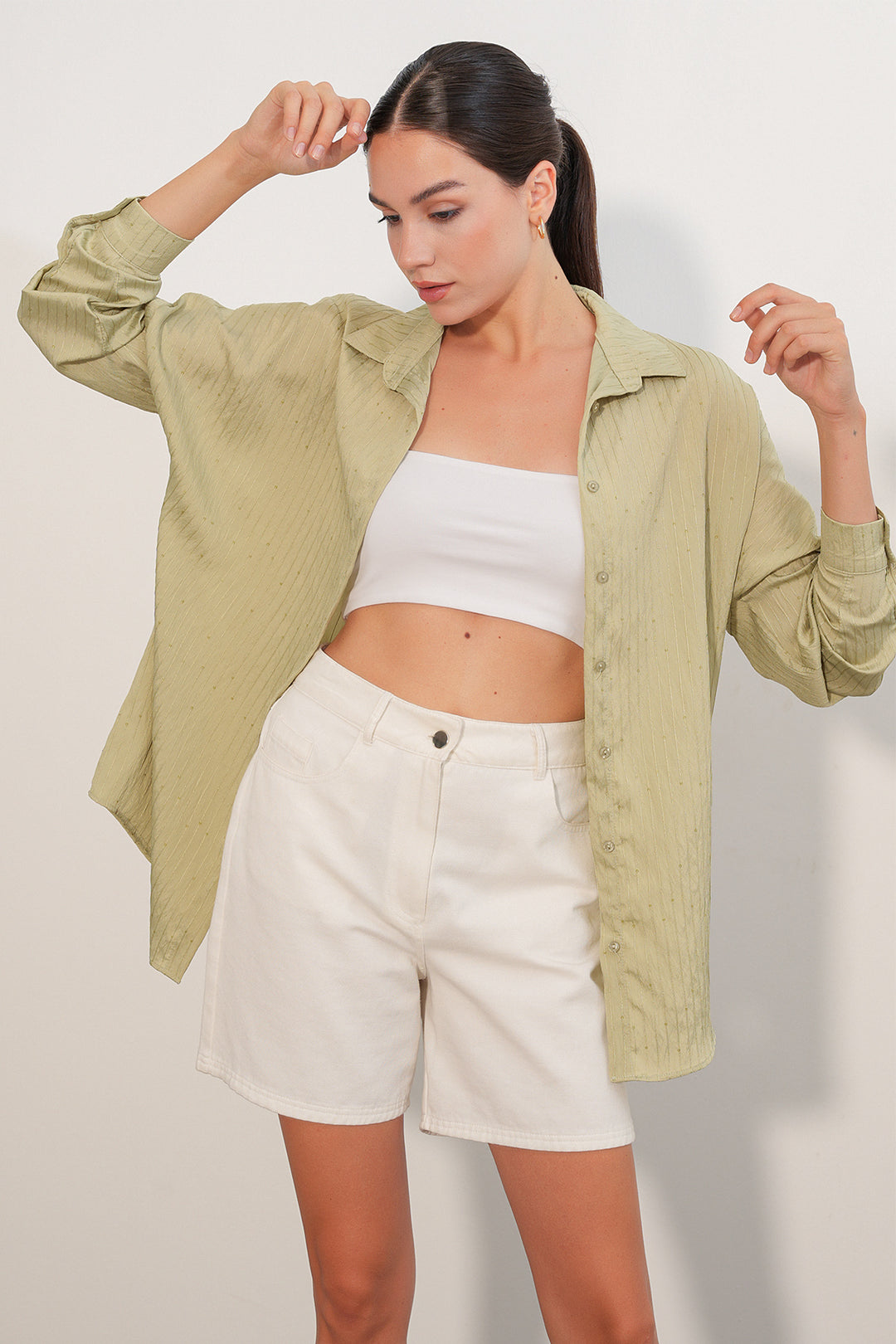 Bigdart Chemise oversize rayée à détails en sequins 20411 - Vert amande