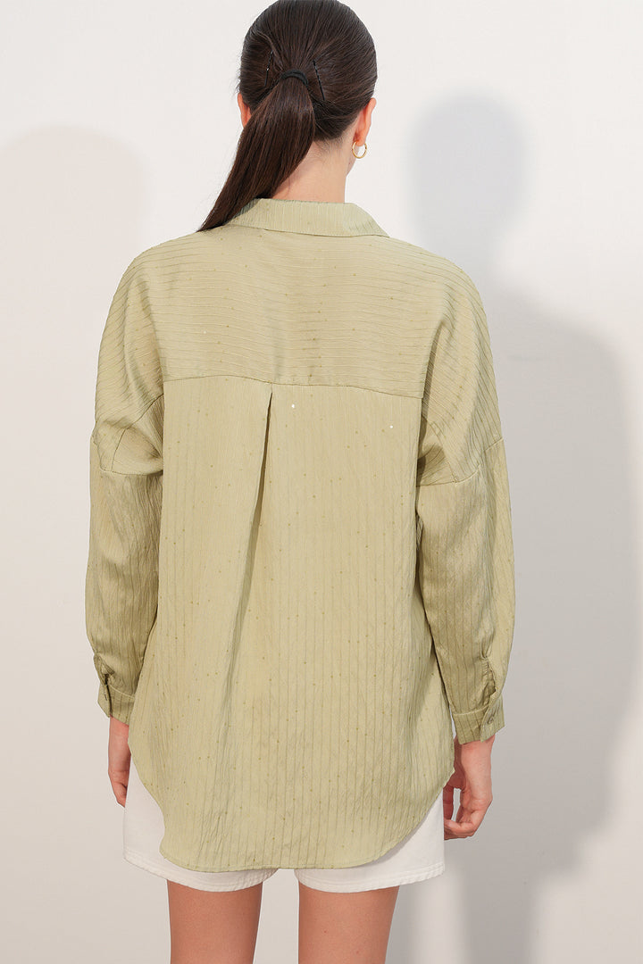 Bigdart Chemise oversize rayée à détails en sequins 20411 - Vert amande