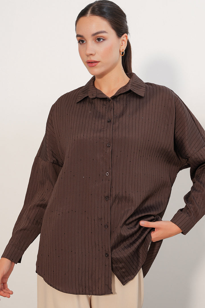 Bigdart Chemise oversize rayée à détails en sequins 20411 - Marron