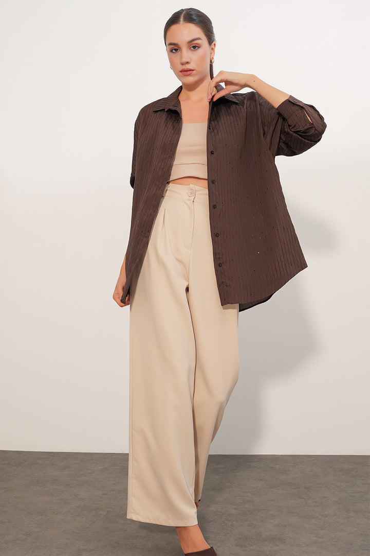 Bigdart Chemise oversize rayée à détails en sequins 20411 - Marron