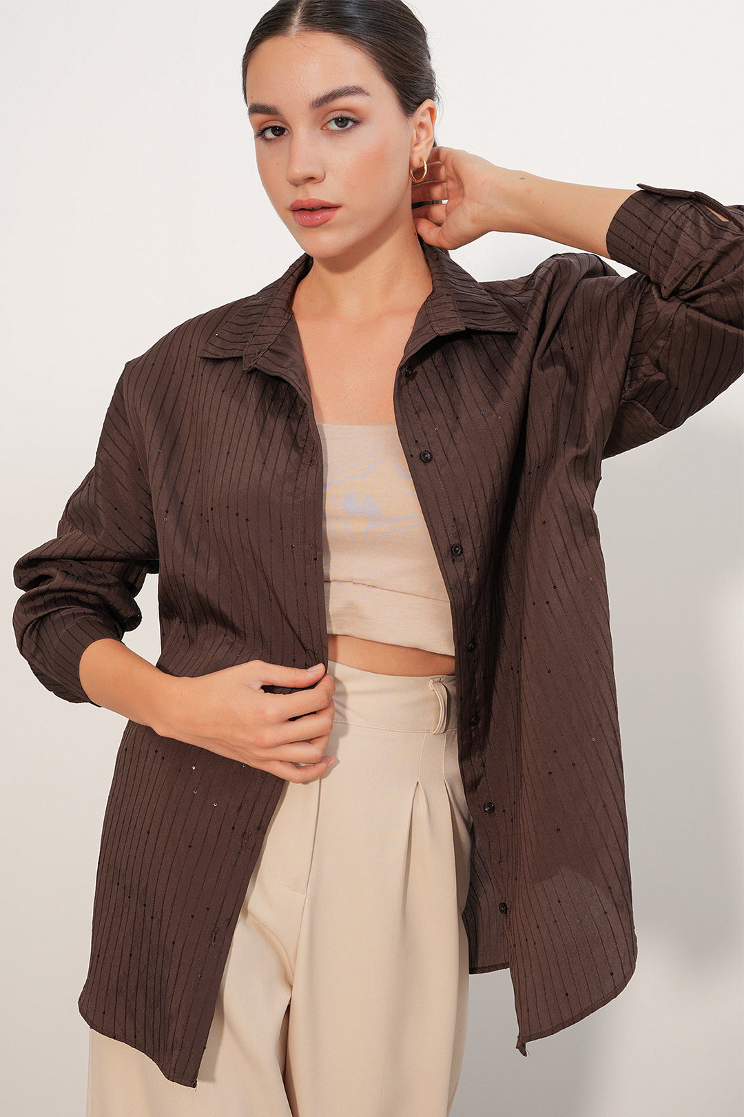 Bigdart Chemise oversize rayée à détails en sequins 20411 - Marron