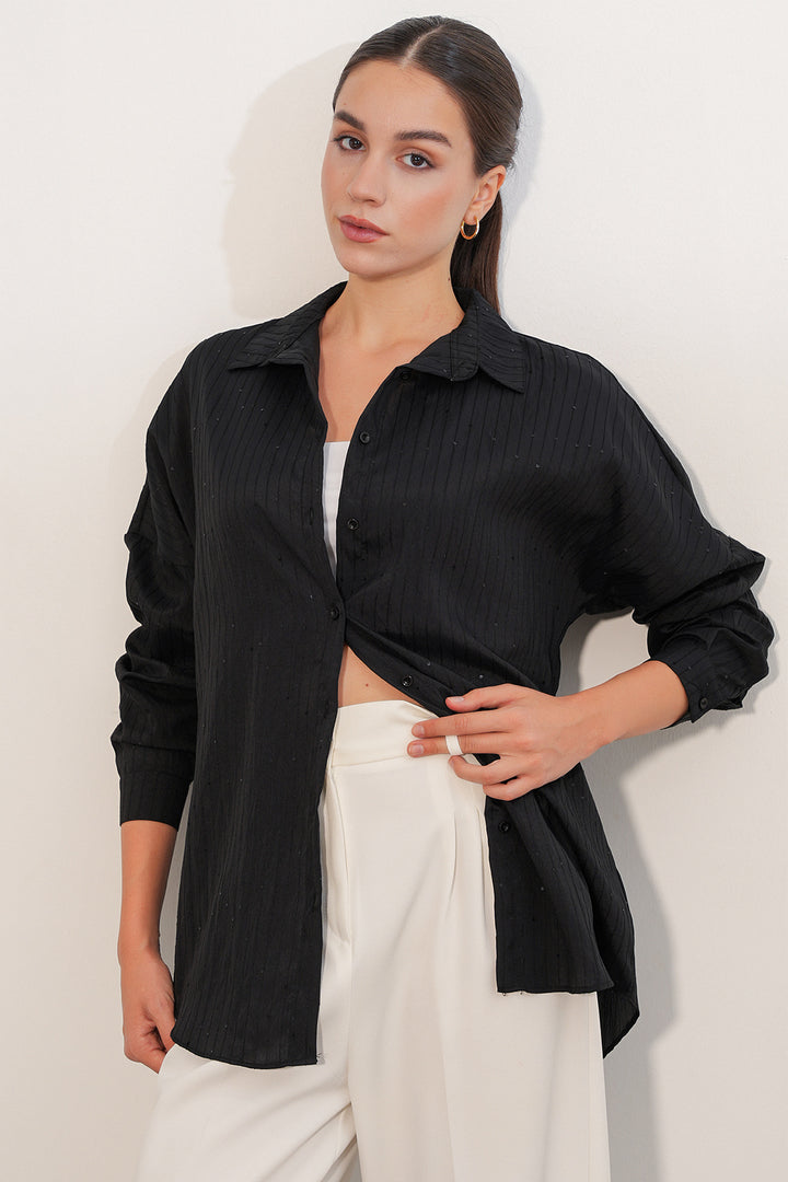 Bigdart Chemise oversize rayée à détails en sequins 20411 - Noir