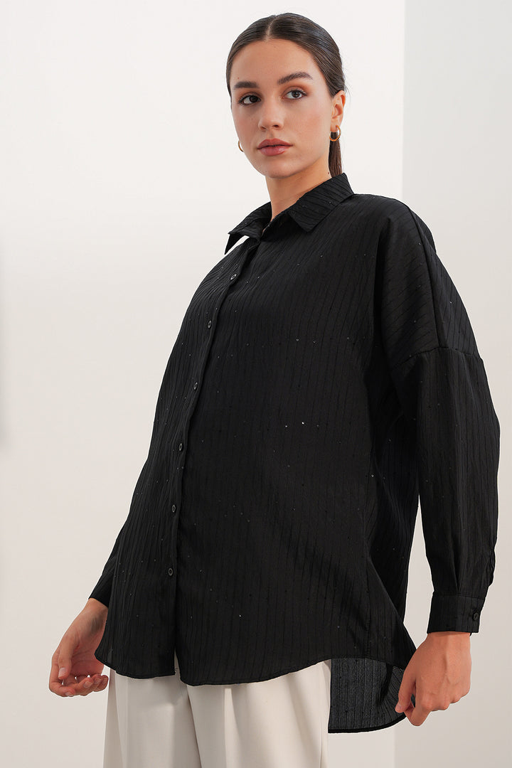 Bigdart Chemise oversize rayée à détails en sequins 20411 - Noir