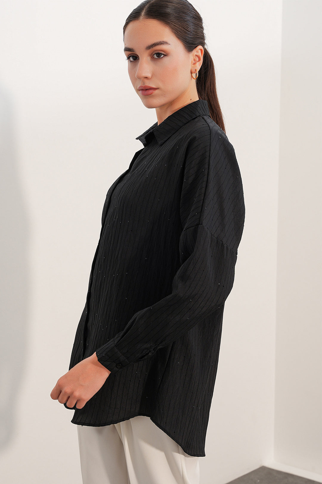 Bigdart Chemise oversize rayée à détails en sequins 20411 - Noir
