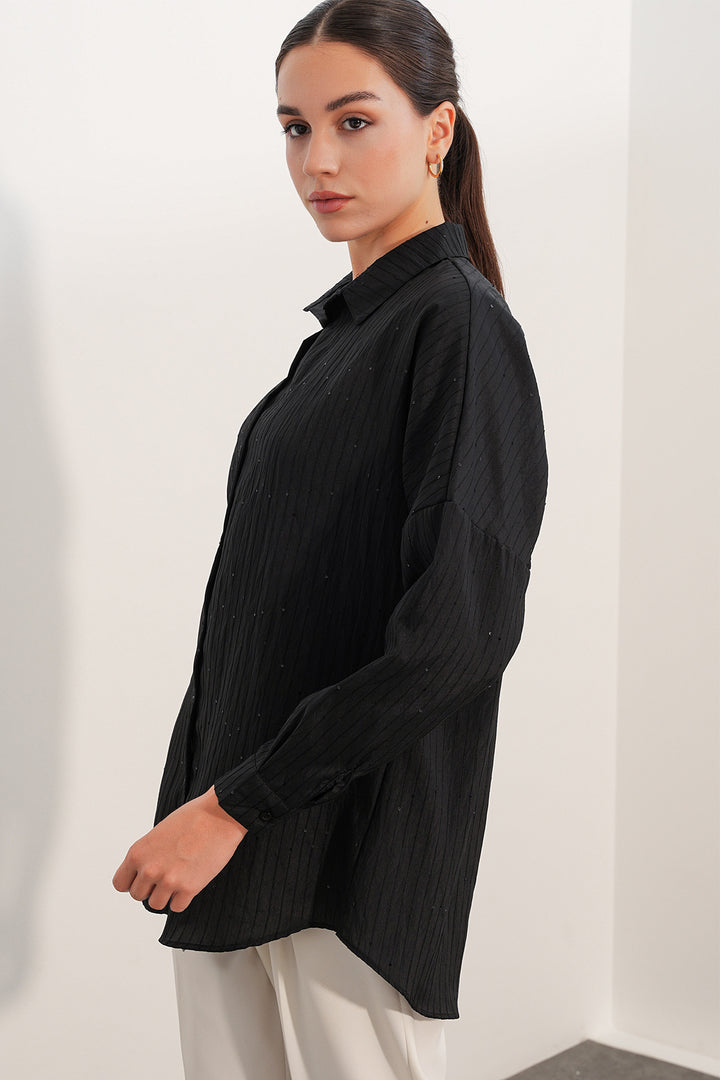 Bigdart Chemise oversize rayée à détails en sequins 20411 - Noir