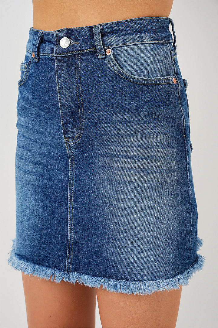 Bigdart Jupe en jean mini à franges pour femme 8051 - Bleu marine
