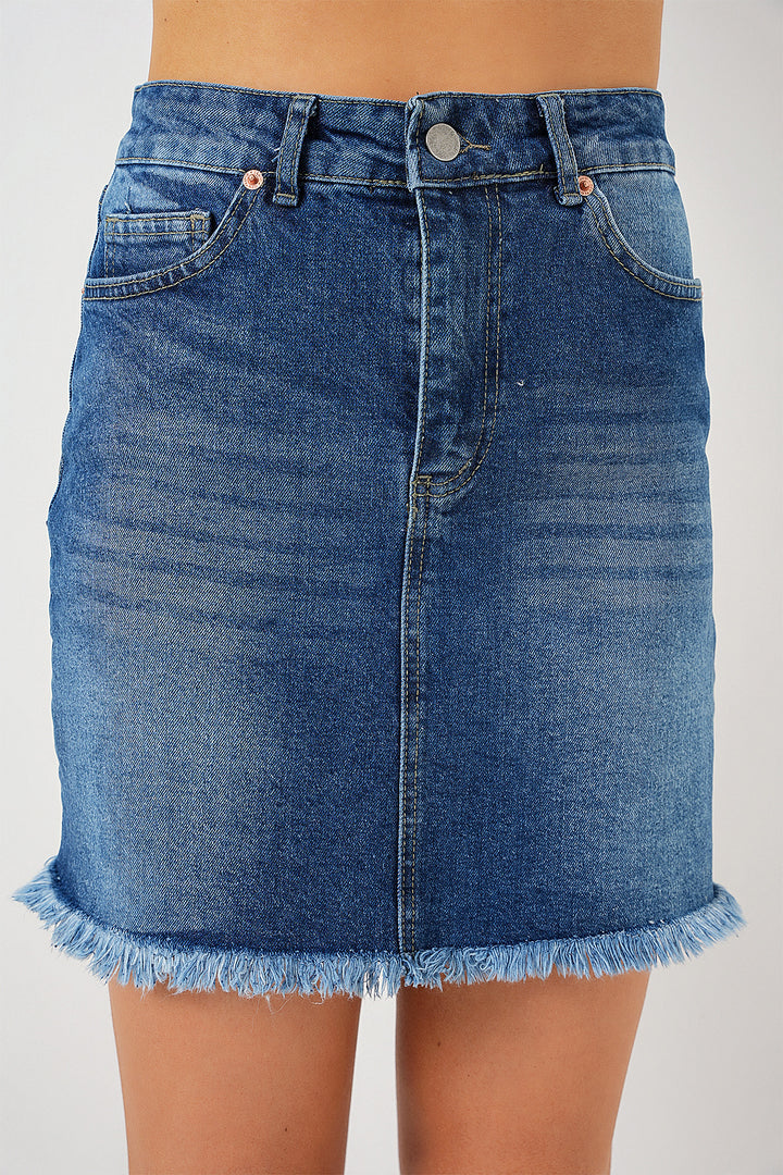 Bigdart Jupe en jean mini à franges pour femme 8051 - Bleu marine