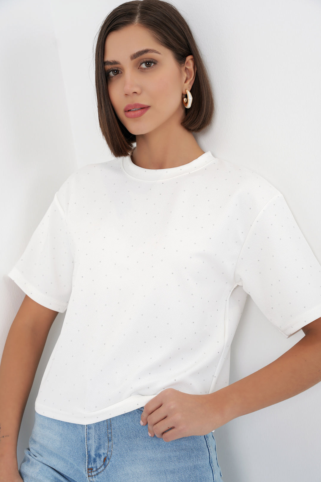 Bigdart T-shirt avec détails en pierre pour femmes 990 - Blanc