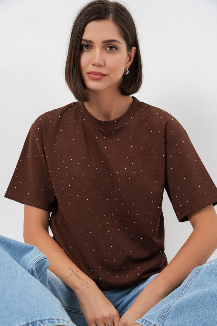 Bigdart T-shirt avec détails en pierre pour femmes 990 - Marron