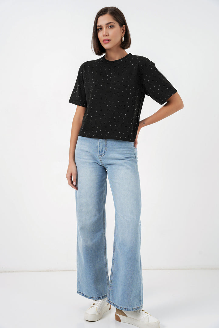 Bigdart T-shirt avec détails en pierre pour femmes 990 - Noir