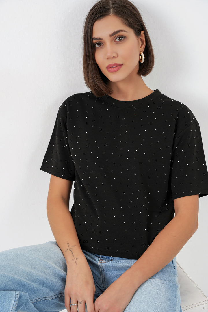 Bigdart T-shirt avec détails en pierre pour femmes 990 - Noir