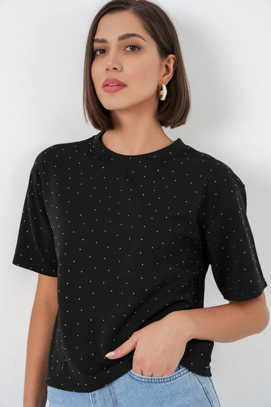 Bigdart T-shirt avec détails en pierre pour femmes 990 - Noir