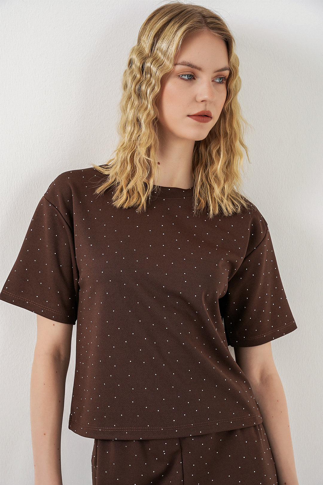 Bigdart Ensemble t-shirt et pantalon à strass pour femme 30105 - Marron