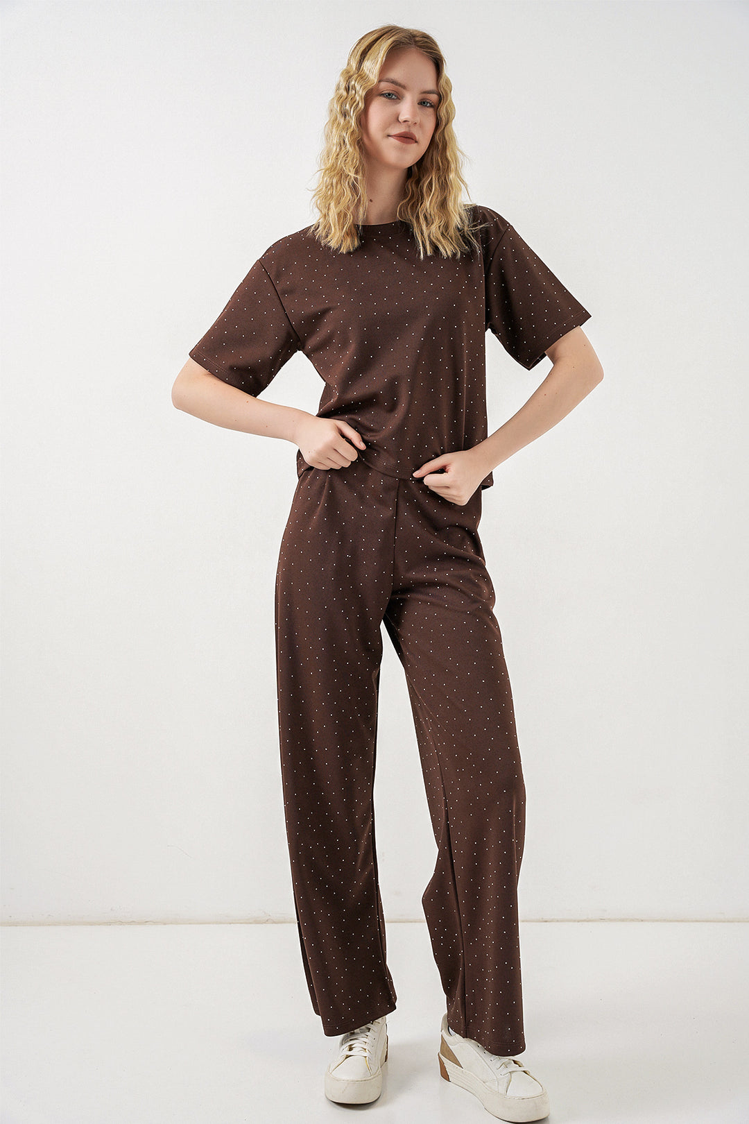 Bigdart Ensemble t-shirt et pantalon à strass pour femme 30105 - Marron