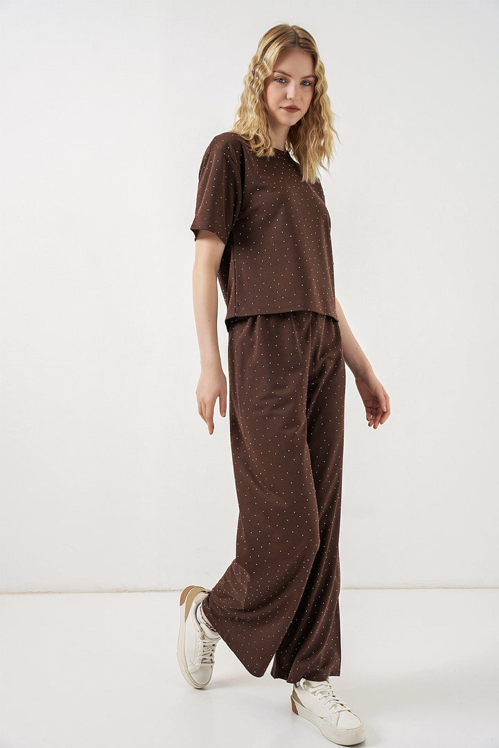 Bigdart Ensemble t-shirt et pantalon à strass pour femme 30105 - Marron