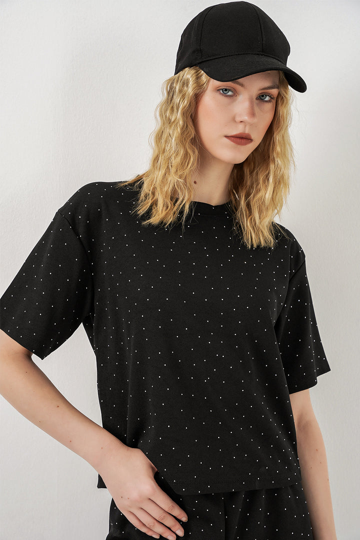 Bigdart Ensemble t-shirt et pantalon à strass pour femme 30105 - Noir