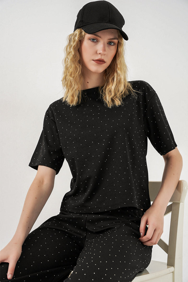 Bigdart Ensemble t-shirt et pantalon à strass pour femme 30105 - Noir