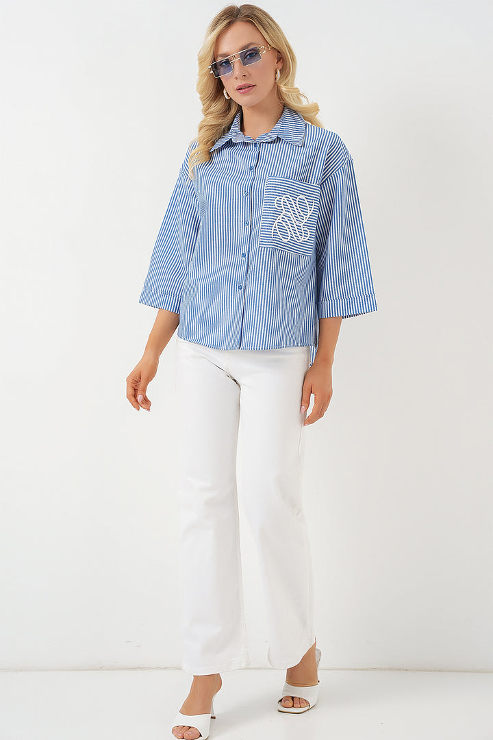 Bigdart Chemise brodée à poche unique pour femme 20328 - Bleu marine