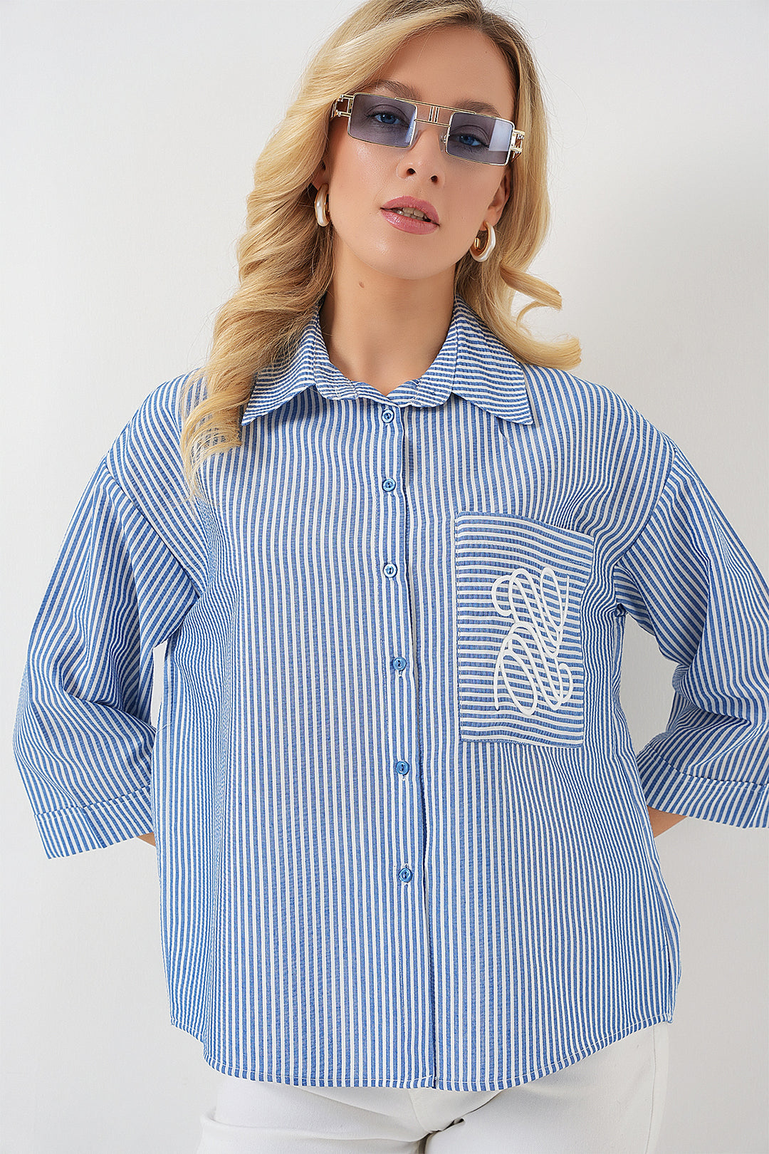Bigdart Chemise brodée à poche unique pour femme 20328 - Bleu marine