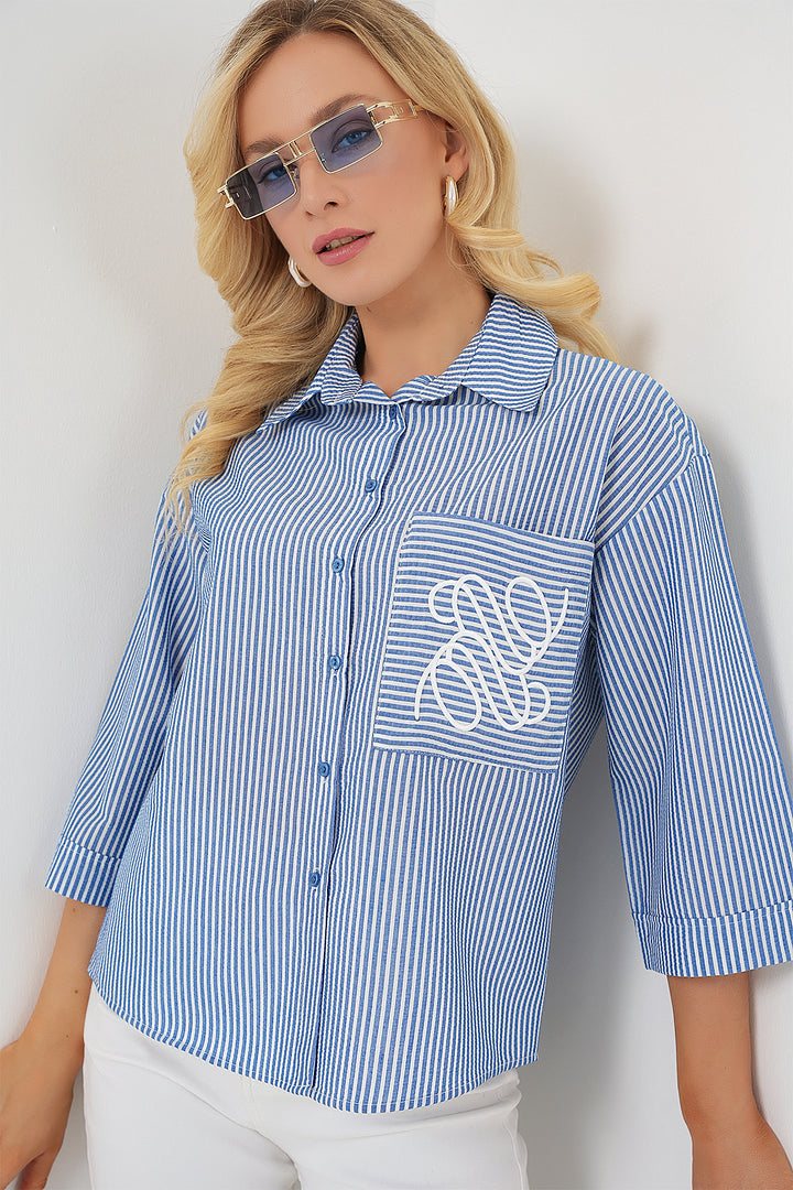 Bigdart Chemise brodée à poche unique pour femme 20328 - Bleu marine