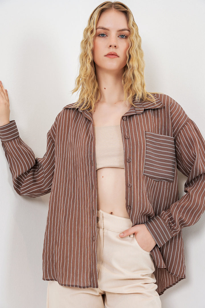 Bigdart Chemise oversize à rayures à poche unique pour femme 20375 - Marron