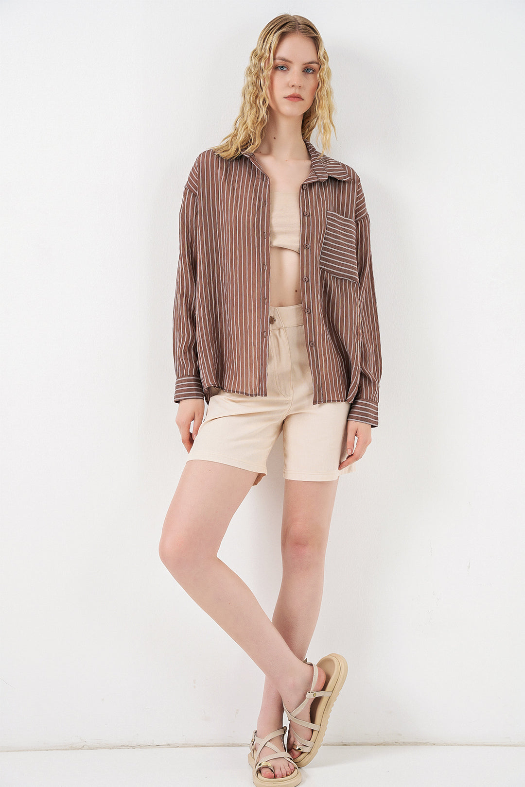 Bigdart Chemise oversize à rayures à poche unique pour femme 20375 - Marron