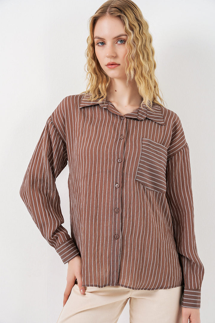 Bigdart Chemise oversize à rayures à poche unique pour femme 20375 - Marron